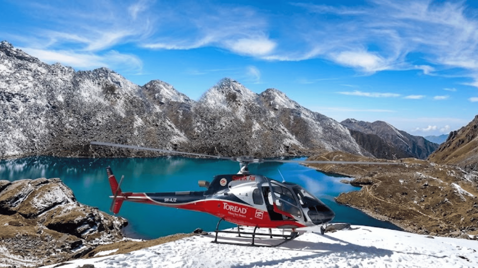 Gosaikunda holy lake and a helicopter in one view