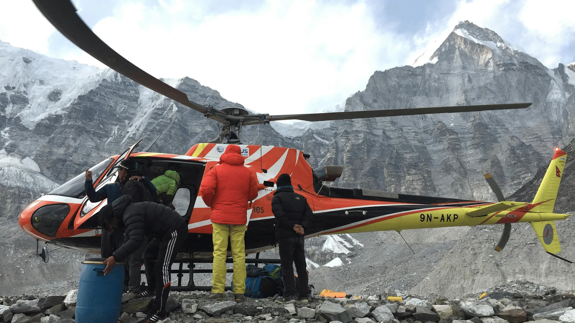 Helicopter safety inspection before a Nepal mountain flight