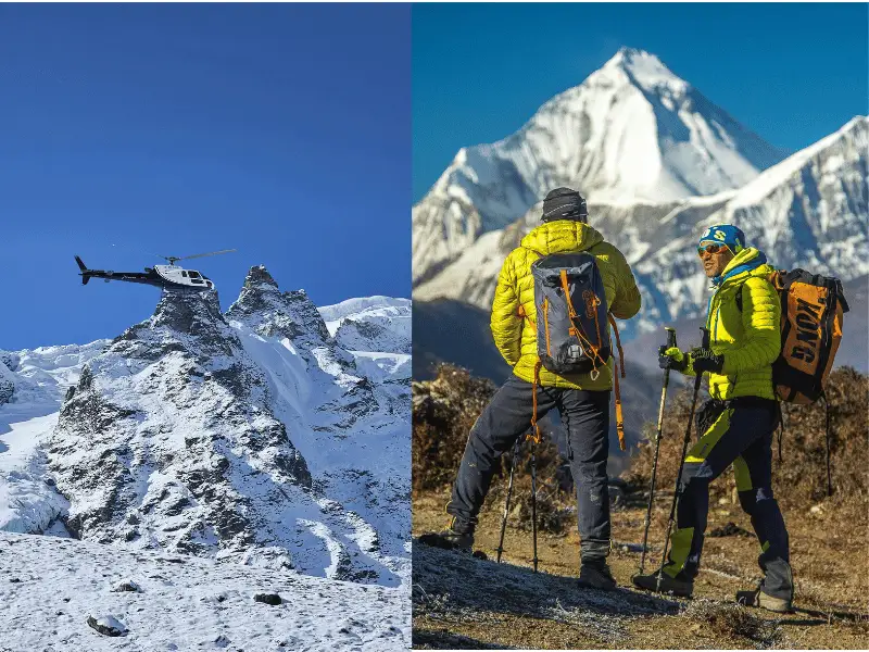 Comparison of trekking trail and helicopter view at Everest